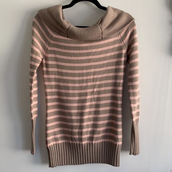 APOSTROPHE PINK TAN STRIP OFF SHOULDER SWEATER - Picture 4 of 9